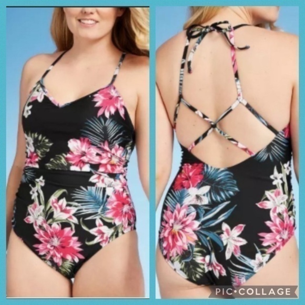 Kona Sol Black With Pink Tropical Floral Print Lace Up Back One piece Swimsuit M